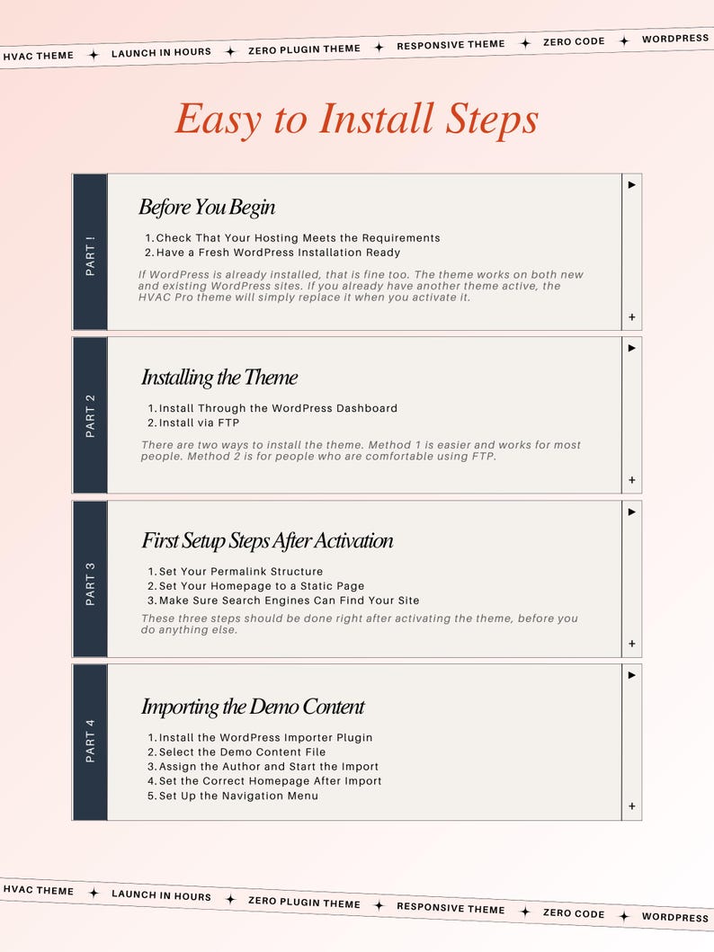 May include: A webpage titled "Easy to Install Steps" with instructions for a WordPress theme. The steps are divided into four parts: Before You Begin, Installing the Theme, First Setup Steps After Activation, and Importing the Demo Content.