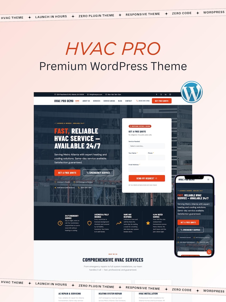 May include: A website design for HVAC Pro, a premium WordPress theme. The design features a clean layout with orange and blue accents, showcasing services and contact information. A mobile phone displays the website's responsive design.