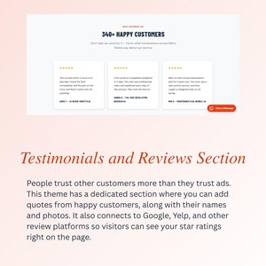 May include: A website design displaying a testimonials and reviews section. The page includes customer quotes, star ratings, and a "340+ HAPPY CUSTOMERS" headline. The design features the text "Testimonials and Reviews Section" and links to Google and Yelp.