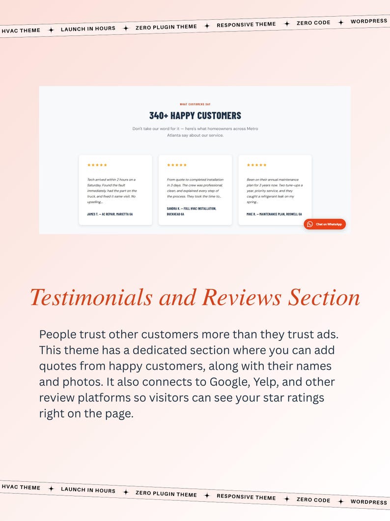 May include: A website design displaying a testimonials and reviews section. The page includes customer quotes, star ratings, and a "340+ HAPPY CUSTOMERS" headline. The design features the text "Testimonials and Reviews Section" and links to Google and Yelp.