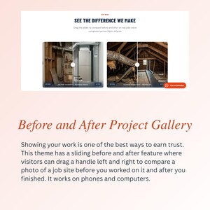 May include: A website design featuring a "Before and After Project Gallery". The page includes the text "SEE THE DIFFERENCE WE MAKE" and "Before and After Project Gallery". The design highlights HVAC theme options and is responsive.