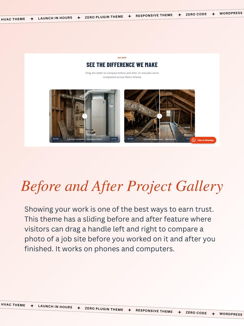 May include: A website design featuring a "Before and After Project Gallery". The page includes the text "SEE THE DIFFERENCE WE MAKE" and "Before and After Project Gallery". The design highlights HVAC theme options and is responsive.
