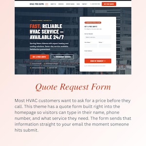 May include: A website design for HVAC services. The page includes a quote request form with fields for name, phone, and service required. The site highlights fast, reliable service available 24/7. The text includes "Get a Free Quote".