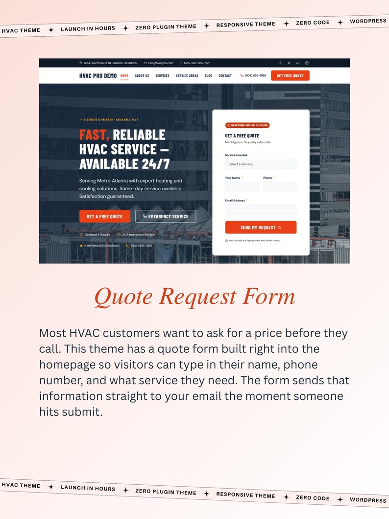 May include: A website design for HVAC services. The page includes a quote request form with fields for name, phone, and service required. The site highlights fast, reliable service available 24/7. The text includes "Get a Free Quote".
