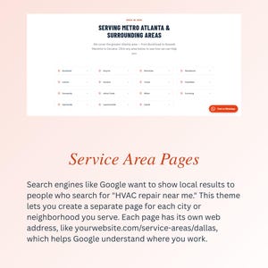 May include: A website design featuring the text "SERVING METRO ATLANTA & SURROUNDING AREAS" and a list of cities. The page also includes the text "Service Area Pages" and information about HVAC repair search results.