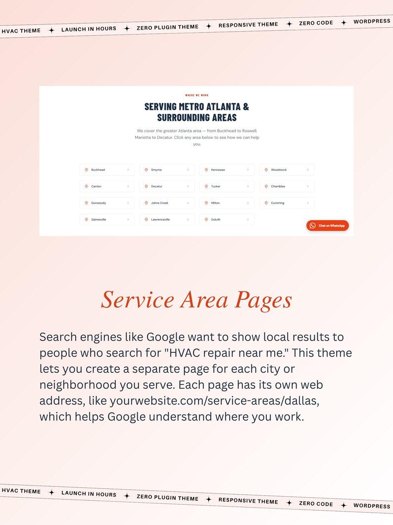 May include: A website design featuring the text "SERVING METRO ATLANTA & SURROUNDING AREAS" and a list of cities. The page also includes the text "Service Area Pages" and information about HVAC repair search results.