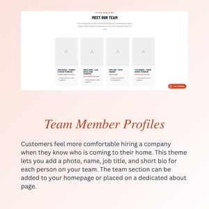 May include: A webpage design featuring the text "Meet Our Team" and "Team Member Profiles." The page includes placeholder profile images and text describing the theme's features, such as adding photos, names, and bios.