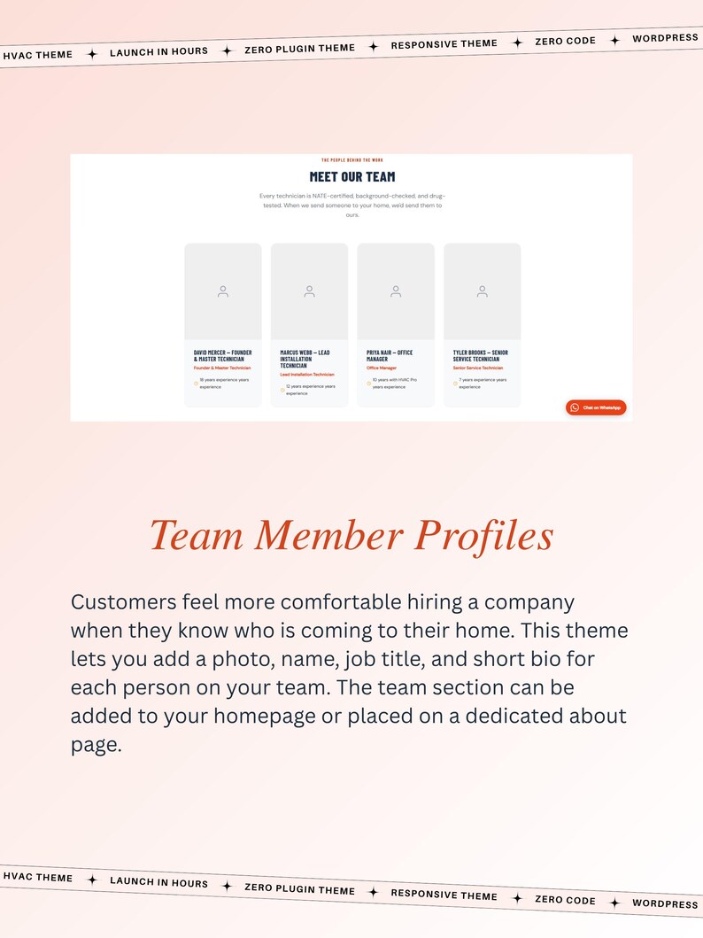 May include: A webpage design featuring the text "Meet Our Team" and "Team Member Profiles." The page includes placeholder profile images and text describing the theme's features, such as adding photos, names, and bios.