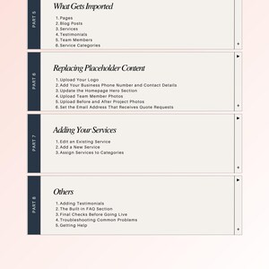 May include: A digital document with a light background and dark blue sidebar. The page includes headings such as "What Gets Imported" and "Adding Your Services," with numbered lists detailing website setup steps. The top banner includes the text "HVAC THEME" and "WORDPRESS."