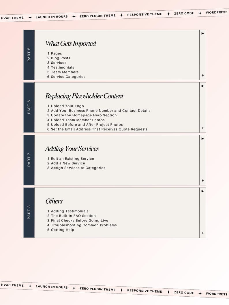 May include: A digital document with a light background and dark blue sidebar. The page includes headings such as "What Gets Imported" and "Adding Your Services," with numbered lists detailing website setup steps. The top banner includes the text "HVAC THEME" and "WORDPRESS."