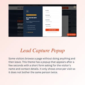 May include: A website design showcasing a lead capture popup. The popup includes a form for visitor details, such as name, phone number, and email. The design features the text "GET A FREE HVAC QUOTE TODAY".