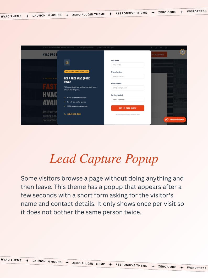May include: A website design showcasing a lead capture popup. The popup includes a form for visitor details, such as name, phone number, and email. The design features the text "GET A FREE HVAC QUOTE TODAY".