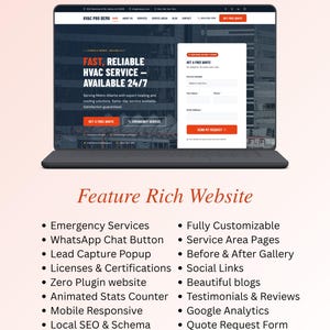 May include: A laptop screen shows a website interface advertising "FAST, RELIABLE HVAC SERVICE - AVAILABLE 24/7." The website includes a form for a free quote and lists features such as emergency services and mobile responsiveness. The website is for HVAC services.