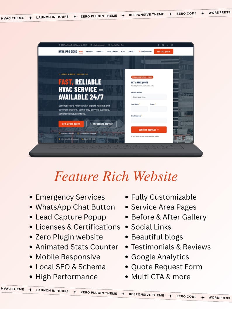May include: A laptop screen shows a website interface advertising "FAST, RELIABLE HVAC SERVICE - AVAILABLE 24/7." The website includes a form for a free quote and lists features such as emergency services and mobile responsiveness. The website is for HVAC services.