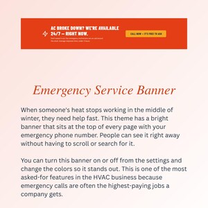 May include: A website theme design featuring an orange banner at the top, with the text "AC BROKE DOWN? WE'RE AVAILABLE 24/7 - RIGHT NOW." and a call to action button. The theme is for HVAC businesses, with an emergency service banner.