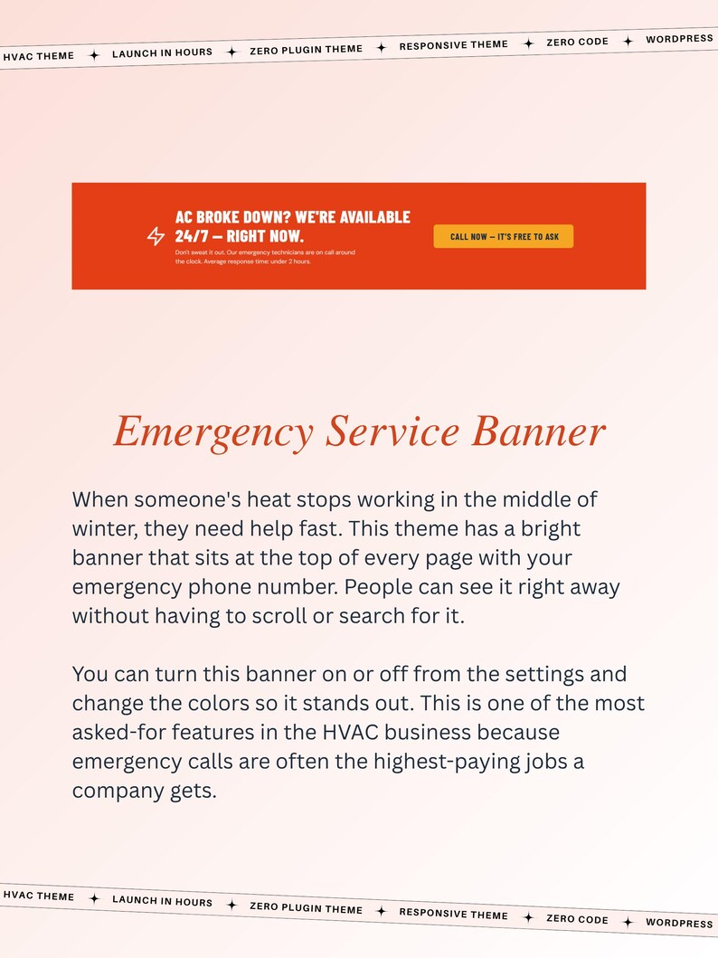 May include: A website theme design featuring an orange banner at the top, with the text "AC BROKE DOWN? WE'RE AVAILABLE 24/7 - RIGHT NOW." and a call to action button. The theme is for HVAC businesses, with an emergency service banner.