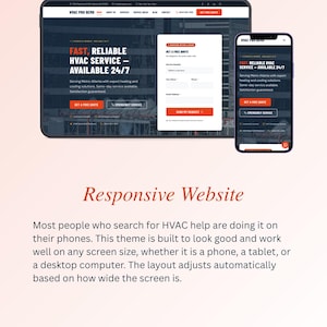 May include: A website design for HVAC services is shown on a tablet and a smartphone. The website displays the text "FAST, RELIABLE HVAC SERVICE - AVAILABLE 24/7" and a form to "GET A FREE QUOTE". The theme is responsive.