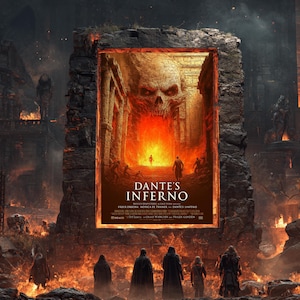 Op de afbeelding: Een digitaal kunstwerk dat een vurige scène toont met de tekst "Dante's Inferno". De afbeelding toont een grote stenen structuur met een poster van een schedel en figuren in een hels landschap. Figuren in mantels staan op de voorgrond.