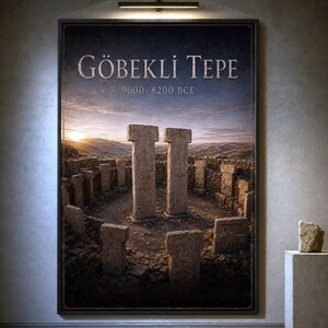 Peut inclure: Une grande affiche murale rectangulaire représentant le site archéologique de Göbekli Tepe avec le texte GÖBEKLI TEPE 9600-8200 BCE. L'image montre des piliers en pierre en forme de T disposés en cercle sous un ciel au coucher du soleil.