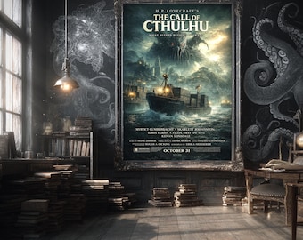 Call of Cthulhu-filmposter | HP Lovecraft kosmische horrorprint | Monsterkunst Eldritch | Mythos-muurdecoratie | Satire | Cadeau voor papa