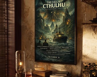Call of Cthulhu-filmposter | HP Lovecraft kosmische horrorprint | Monsterkunst Eldritch | Mythos-muurdecoratie | Satire | Cadeau voor papa