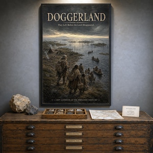 May include: A framed wall poster titled DOGGERLAND, featuring a dark, atmospheric illustration of ancient people on a shoreline overlooking a body of water with small boats. The text reads: DOGGERLAND, They Left Before the Land Disappeared.