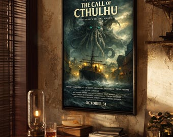 Call of Cthulhu-filmposter | HP Lovecraft kosmische horrorprint | Monsterkunst Eldritch | Mythos-muurdecoratie | Satire | Cadeau voor papa