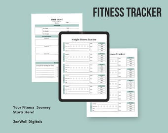 May include: A digital fitness tracker design with the words "Fitness Tracker" at the top. The image includes a tablet displaying a weight fitness tracker, and two printed pages with personal information and fitness tracking charts. Text: "Your Fitness Journey Starts Here!" and "JenWell Digitals."