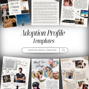 May include: A selection of adoption profile templates with diverse layouts. The templates feature photo collages, text sections, and the phrases "Meet the Johnson Family," "How We Met," and "Meet Our Village." The design combines photos and text.