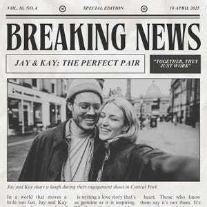 Puede incluir: Un gráfico de estilo periódico en blanco y negro con el titular "BREAKING NEWS" y el texto "JAY & KAY: THE PERFECT PAIR." La imagen presenta a una pareja sonriendo. La fecha "10 ABRIL 2025" se muestra en la parte superior.
