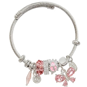 Pink Butterfly Charm Bracelet for Women – Stainless Steel Wire Bangle Gift – Cute Pink Jewelry for Girlfriend or Sister