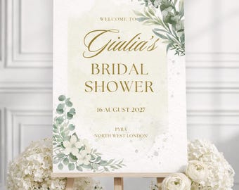 Elegant Bridal Shower Welcome Sign Template Editable in Canva | Greenery Gold Wedding Welcome Sign Printable | Luxury Bridal Decor