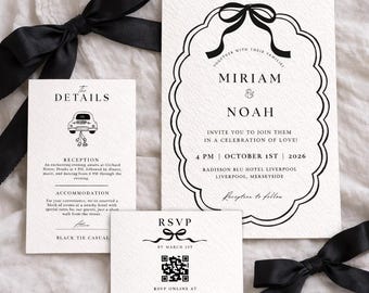 Coquette Bow Wedding Invitation Set, Black Tie Canva Template (Digital Download)