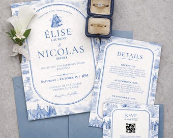 French Toile Wedding Invitation Set, Blue Chateau, QR Code RSVP (Canva Editable Template)