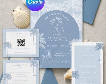 Conjunto de invitaciones de boda para Palm Springs editables en Canva, conjunto de invitaciones para bodas en la playa, plantilla para bodas en destinos tropicales, conjunto de invitaciones costeras