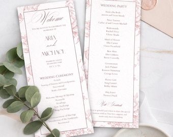 Vintage Blush Blumen Hochzeitsprogramm Vorlage | Bearbeitbare Canva Romantische Ordnung des Service Printable