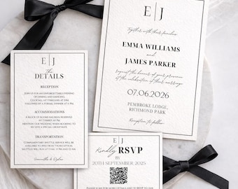 Minimalist Black Tie Wedding Invitation Set, Monogram, QR Code RSVP (Canva Template)