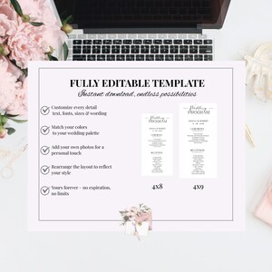 K&ouml;nnte beinhalten: Eine wei&szlig;e Hochzeit Vorlage mit dem Text "FULLY EDITABLE TEMPLATE" und "Instant download, endless possibilities". Die Vorlage bietet Optionen zum Anpassen von Text, Farben und Fotos. Zwei Programmbeispiele sind in den Gr&ouml;&szlig;en 4x8 und 4x9 abgebildet.