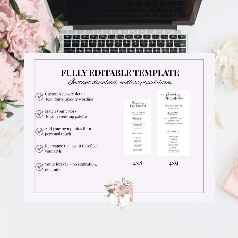 K&ouml;nnte beinhalten: Eine wei&szlig;e Hochzeit Vorlage mit dem Text "FULLY EDITABLE TEMPLATE" und "Instant download, endless possibilities". Die Vorlage bietet Optionen zum Anpassen von Text, Farben und Fotos. Zwei Programmbeispiele sind in den Gr&ouml;&szlig;en 4x8 und 4x9 abgebildet.