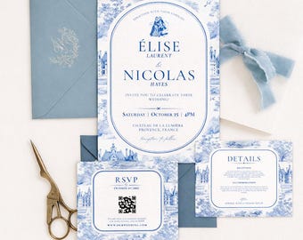 Blue French Toile Wedding Invitation Set, Elegant Chateau, QR Code RSVP (Canva Editable Templates)
