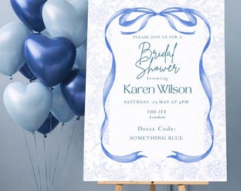 Coquette Blue Bow Bridal Shower Welcome Sign Template Editable Canva | Something Blue Welcome Sign Printable Toile Sign
