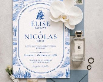 French Toile Wedding Invitation Template, Blue Chateau, Canva Editable (Digital Download)