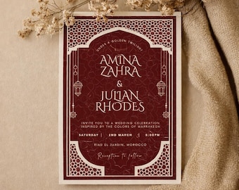 Moroccan Wedding Invitation Template | Red Marrakech Arch Islamic Geometric Canva Editable Luxury Invite