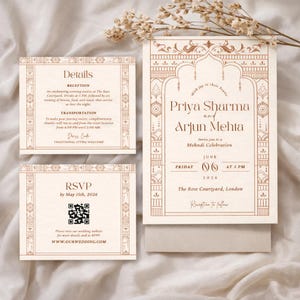May include: A set of wedding stationery with a cream background and brown decorative borders. The invitation includes the names Priya Sharma and Arjun Mehta, with event details. Additional cards provide RSVP and event details.