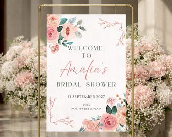 Floral Bridal Shower Welcome Sign Canva Template | Romantic Pink Wedding (Digital Download)