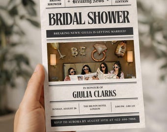Newspaper Bridal Shower Invitation | Custom Photo, Editable Canva Template (Digital Download)