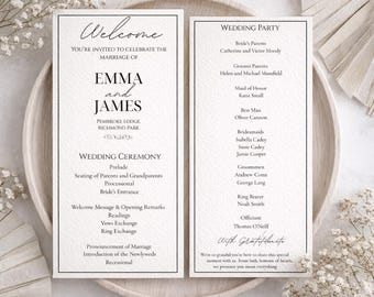 Minimalistisches Hochzeitsprogramm | Bearbeitbares Canva-Zeremonieprogramm, elegante Ordnung des Service zum Ausdrucken