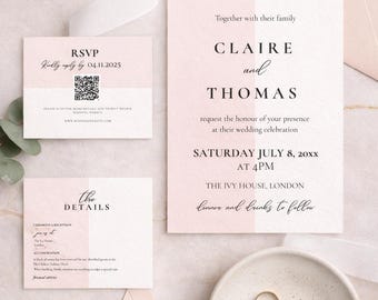 Plantilla de Canva editable con código QR para invitaciones de boda minimalistas