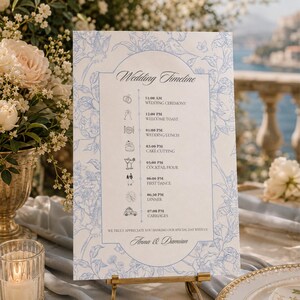 May include: A rectangular wedding timeline sign featuring a light blue floral border and a central schedule with icons. The text reads Wedding Timeline, followed by a list of events from 11:00 AM to 7:00 PM, ending with Anna & Damian.