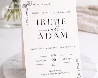Minimalist Wedding Invitation Template, Black Bow, Elegant Canva Invite (Printable Digital Download